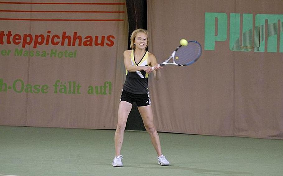 Bitburg senior Kaitlyn Miller checks out her shot at second day competiton of the DODDS-Europe tennis championships.