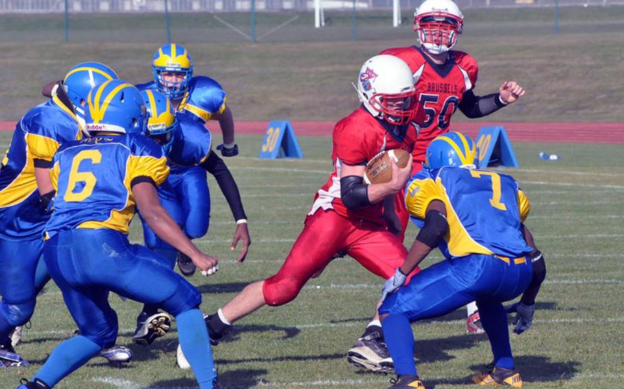 ISB senior Vinny Culotta makes his way up field Saturday in the Raiders' 26-12 semifinal loss to the Ansbach Cougars in Ansbach.'