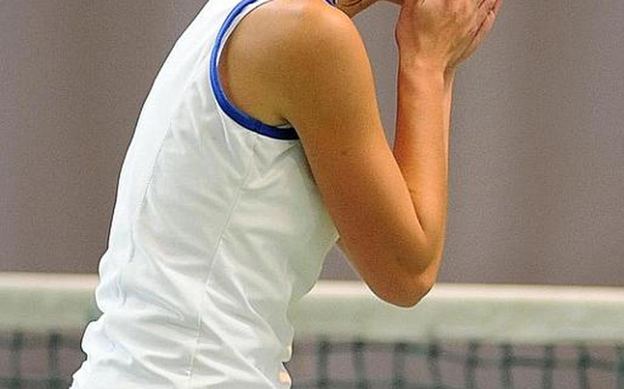 Ramstein's Meghan Augsburger reacts after capturing the DODDS-Europe girls singles crown with a 6-2, 6-7 (2-7), 6-2 win over Marymounts Ginevra Bolla.