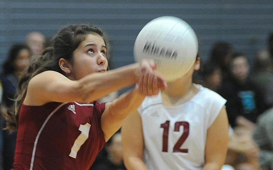Vilseck's Taylar Mata returns a ball in the Lady Falcons' 25-20, 26-24 win over Kaiserslautern in round-robin Division I action at the DODDS-Europe volleyball championships.