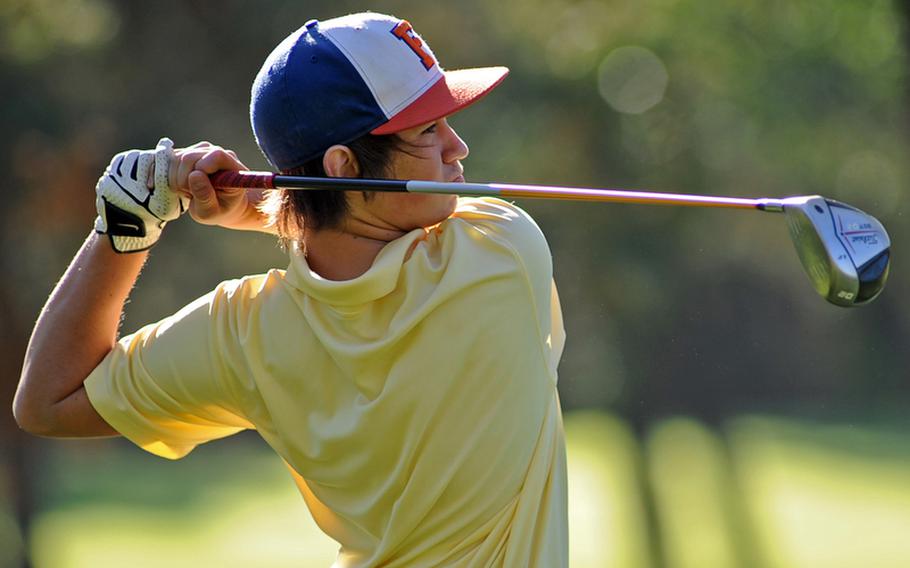 Heidelberg's Joseph Patrick watches his tee shot in final round action at the DODDS-Europe golf championships at the Heidelberg Golf Club in October. Patrick , who took the title, has been selected as the Stars and Stripes Athlete of the Year for boys golf.