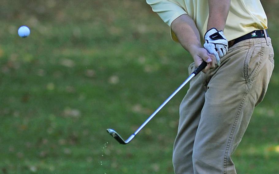 Heidelberg's Joseph Patrick chips to the green in final round action at the DODDS-Europe golf championships at the Heidelberg Golf Club in October. Patrick , who took the title, has been selected as the Stars and Stripes Athlete of the Year for boys golf.