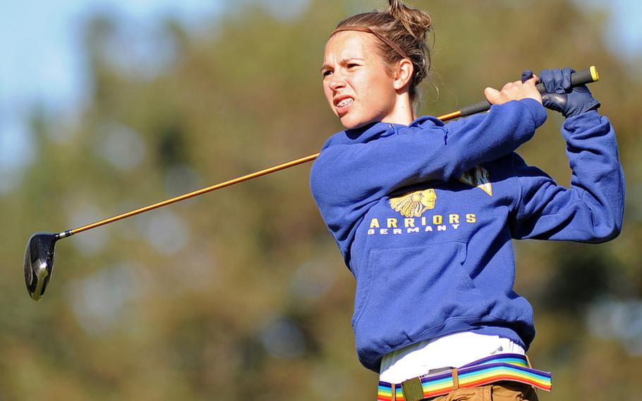 Wiesbaden's Jenna Eidem follows her tee shot in the final round at the DODDS-Europe golf championships in October. Eidem, the eventual winner, has been chosen the Stars and Stripes Athlete of the Year for girls golf.