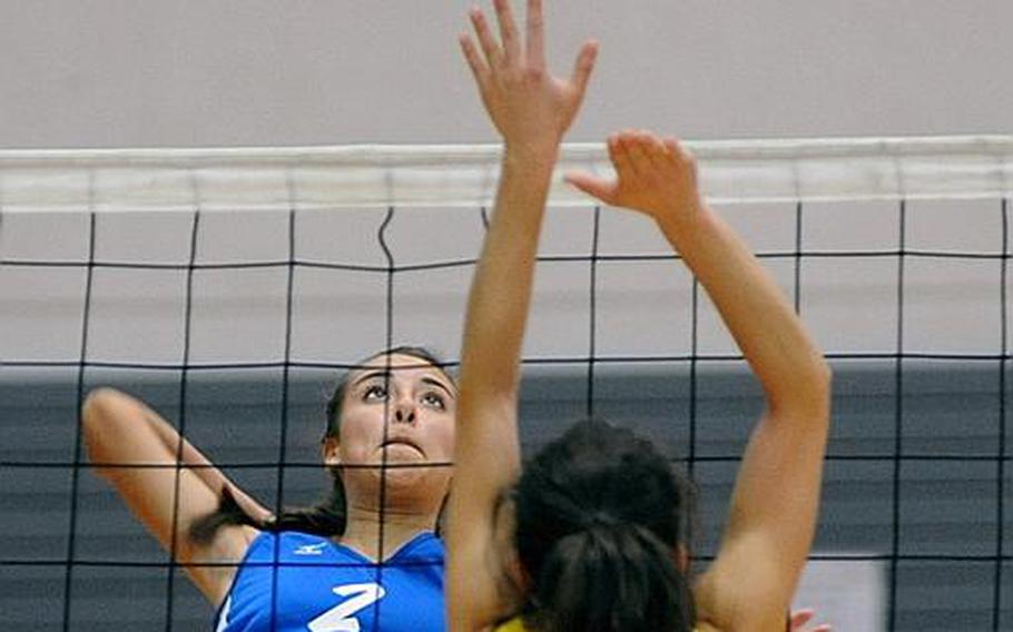 Rota's Aspen Luna has her eyes on the ball as she prepares to hit at the DODDS-Europe volleyball finals on Nov. 5. Luna has been selected as the Stars and Stripes Athlete of the Year for volleyball.