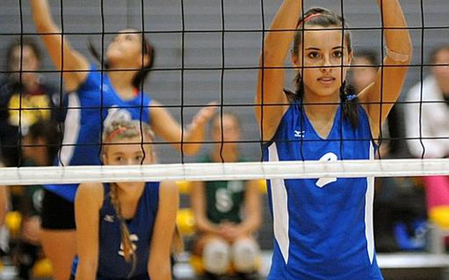 Rota's Aspen Luna waits at the net for a teammate's serve at the DODDS-Europe volleyball finals on Nov. 5. Luna has been selected as the Stars and Stripes Athlete of the Year for volleyball.