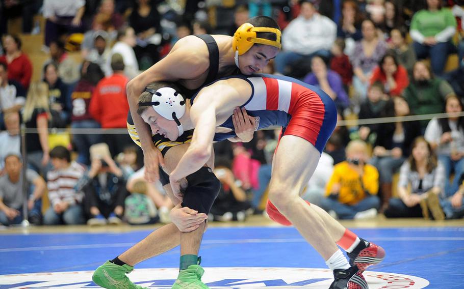 Lakenheath's Austin Morrow, right, beat Patch's Thomas Trevino in the 140-pound title match last season. Both will be returning when the DODDS-Europe wrestling season gets underway on Saturday.