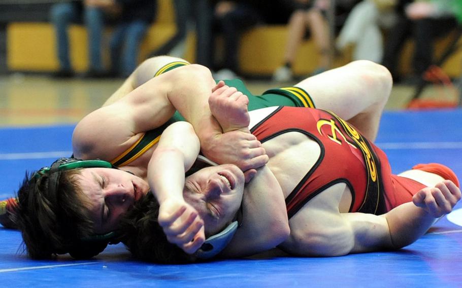 SHAPE's Matthew Lengyel, left, beat Rota's Keaton Regenor for the 125-pound title at last season's wrestling championships. Both will be returning when the DODDS-Europe wrestling season gets under way on Saturday.