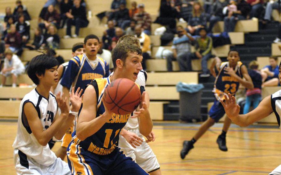 Wiesbaden senior Gary Miskovsky is the Warriors top long-distance threat on the court.  Despite his range, the Warriors fell Saturday to the visiting Black Forest Academy.