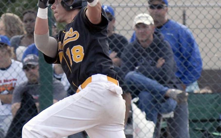 Patch senior Cavan Cohoes watches his game-winning hit head for the outfield in the Division I baseball championship game in Ramstein, Germany, in May.