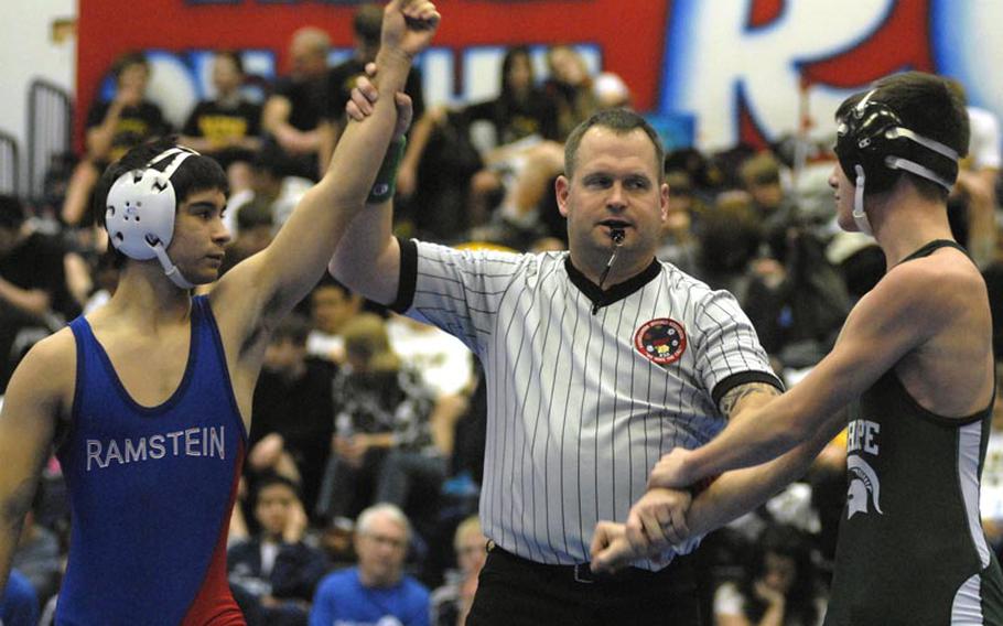Ramstein senior Adam Franz knocked off SHAPE junior Karl Kristensen to advance to the finals of the 126-pound category during a tournament Saturday at Ramstein High School.  Franz is hoping to earn a third gold medal this year while moving up a weight class at next month's DODDS-European championships.