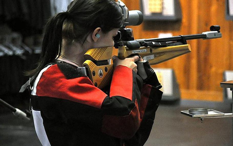 Kathleen Waldron, a senior from Hohenfels, takes aim Saturday in Ansbach, Germany. Waldron finished with 276 points and helped Hohenfels to a first-place finish. Female marksmen have won the last six European individual crowns and placed nine in the top 10 in last year's European championships.