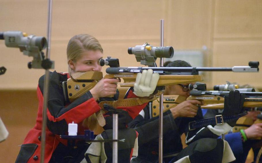 Mercedes Romih of Patch American High School takes aim during Saturday's DODDS-Europe marksmanship finals in Vilseck. Romih's top score of 284 helped guide Patch to its third title in four years.