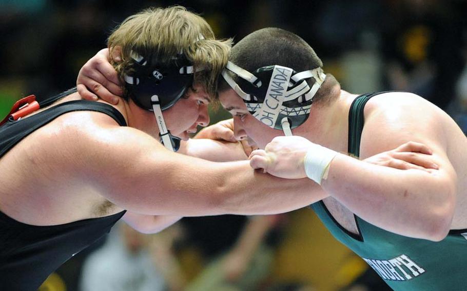 AFNORTH's Tony Legare, right, beat Viseck's Noah Wiley for the 285-pound title at the DODDS-Europe wrestling championships in Wiesbaden, Saturday.