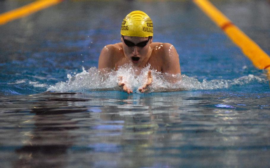 Will Viana, swimming for Stuttgart Piranhas, competes in the boys 17-19-year-old 100-meter breaststroke final at the 2010 European Forces Swim Championships in Eindhoven, Netherlands. He won  two golds on the day. Viana recently wrapped up his freshman year of swimming at the U.S. Military Academy at West Point. Viana set a school record in the 200-yard backstroke with a time of 1:49.83. He also tied a 16-year-old Army freshman record in the 200-yard butterfly, clocking in at 1:49.19.