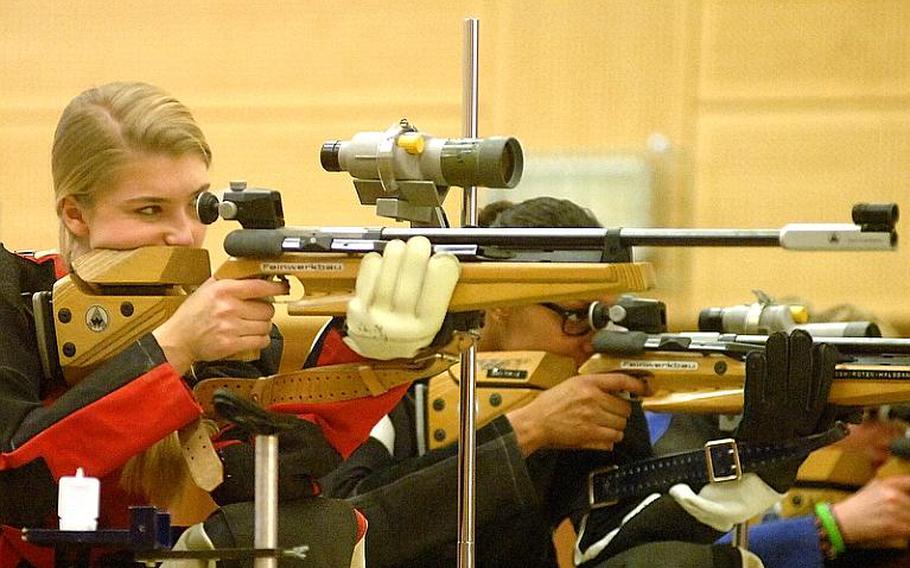 Mercedes Romih of Patch American High School takes aim during the DODDS-Europe marksmanship finals in Vilseck, Germany, in January. Romih's overall top score of 284 helped guide Patch to its third title in four years. She has been named the Stars and Stripes marksmanship shooter of the year.
