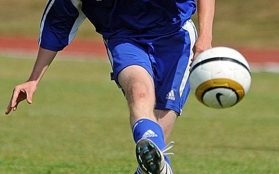 Brussels' Jamie Hunt shoots on goal against Sigonella in last year's Division III championship game, which Sigonella won. Hunt will be returning for the Brigands when the 2012 DODDS-Europe soccer season gets under way this weekend.