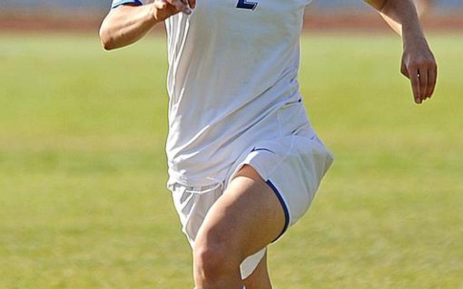 Ramstein's Josie Seebeck drives the ball up the field during last year's title game against Patch. She will be back this season to try to help her team unseat the Lady Pathers as Division I champions.