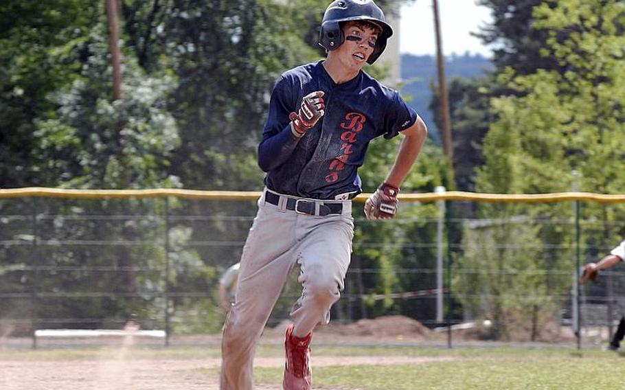 Bitburg's Matt Flood rounds third on his way to home during Bitburg's 5-3 victory over Vicenza in the DODDS-Europe Division II baseball championship game in Ramstein, Germany, last season. Flood will be returning this season to help the Barons try to defend their title.