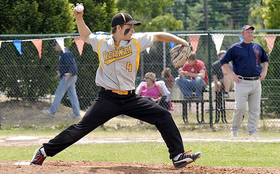 Vicenza's Jeremy Huller throws a pitch during last season's Division II baseball championship game against Bitburg. Huller will be returning for the Cougars this season.