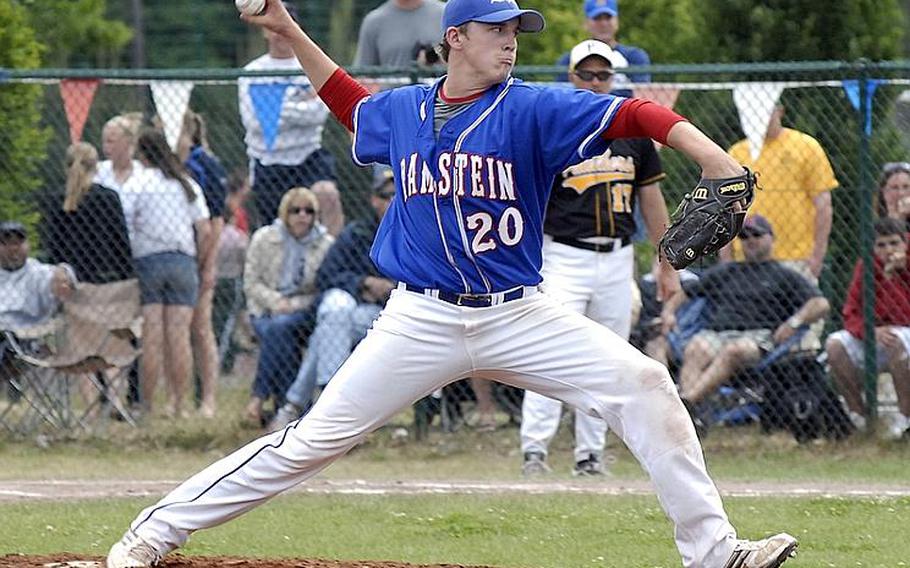 Ramstein's Jon Grotelueschen delivers a pitch during last season's Division I championship game against Patch. Grotelueschen will be returning for the Royals as they try to unseat Patch as division champions.
