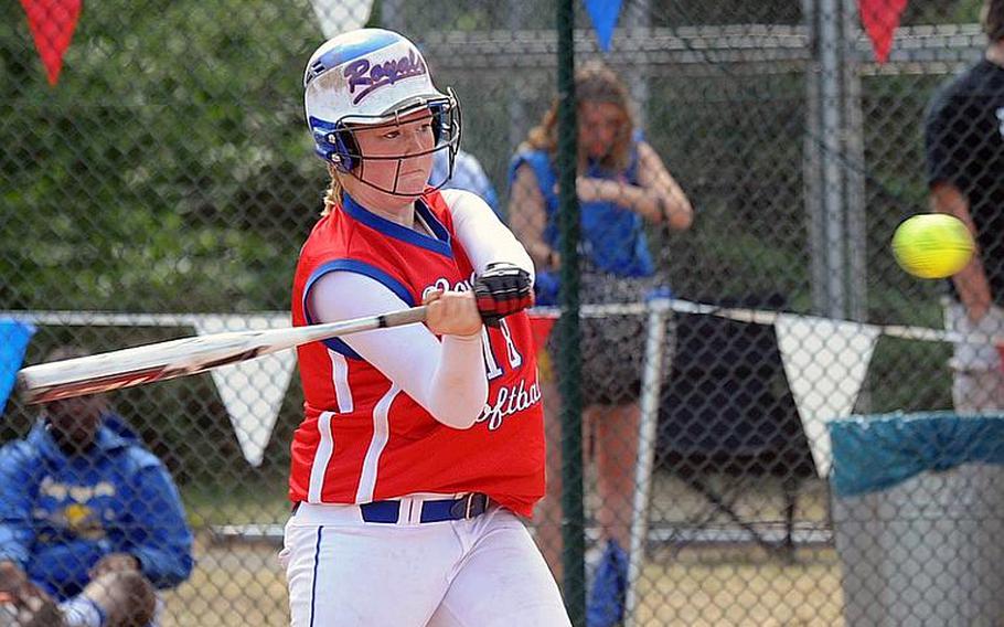 Ramstein's Kathryn Enyeart gets ready to connect for a solo homer in the Royals' 8-2 loss to Patch in the final game of last season's Division I softball final. Enyeart will be returning for the Royals this season.