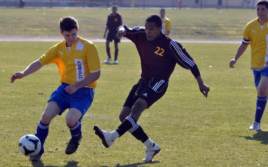 Tyler Lewis, center, an All-European transfer from Bamberg, led the Vilseck Falcons to their first win of the season Saturday in Ansbach, Germany beating the Ansbach Cougars 7-0 mercy rule (12-0). Lewis had five goals and three assists in the game.