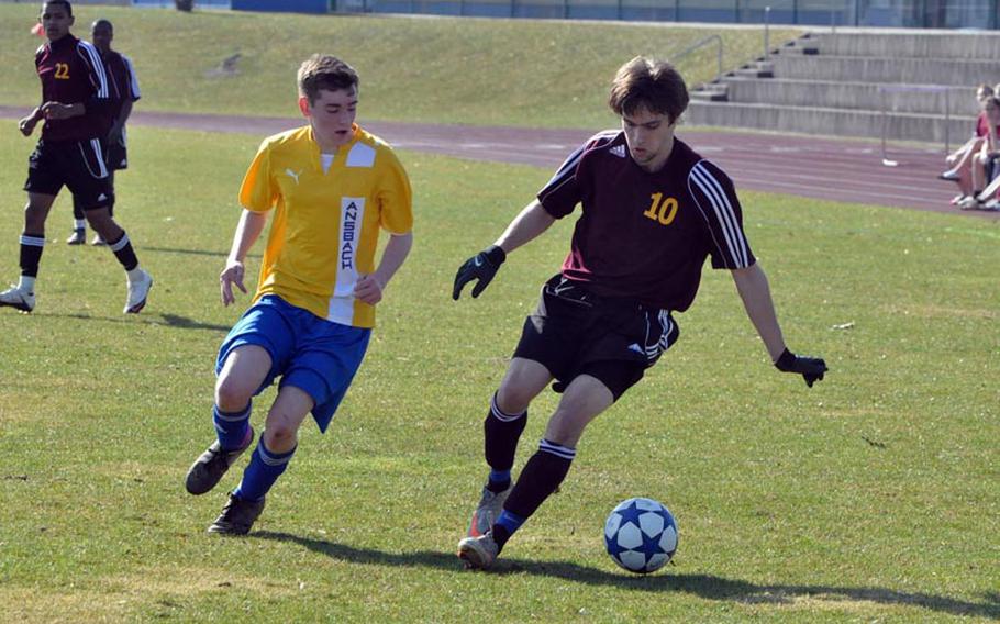 Sage Thornbrugh of Vilseck takes the ball around the Ansbach defense Saturday in Ansbach, Germany. The Vilseck Falcons captured their first win of the season with a 12-0 victory. Thornbrugh had four goals and three assists for the Falcons.