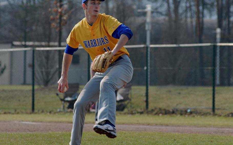 Wiesbaden senior Gary Miskovsky showed off his curveball Saturday against the Royals of Ramstein. Despite his efforts, the Warriors couldn't overcome big deficits, as Ramstein swept the doubleheader.