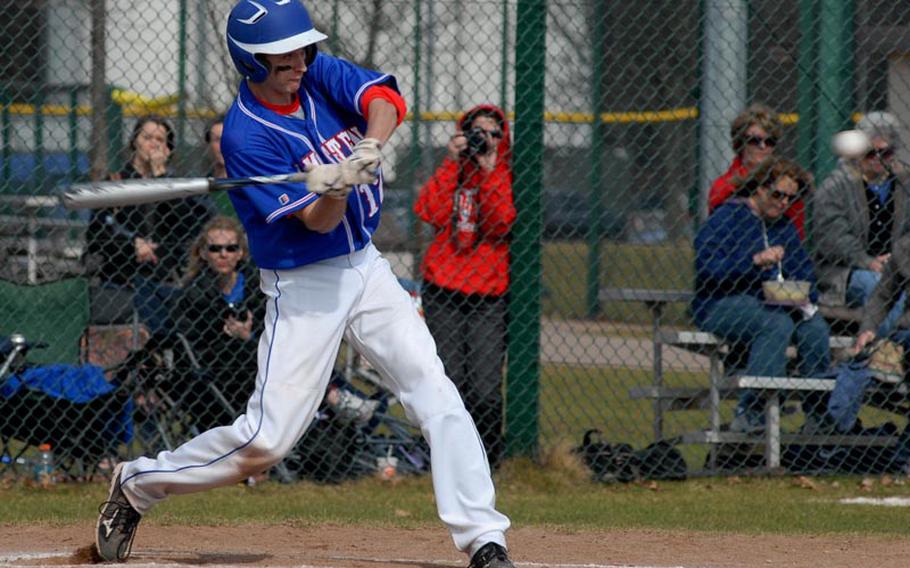 Ramstein sophomore Tyler Hughes connects with the ball Saturday during DODDS-Europe opening day baseball action. Hughes and his Royals teammates handed the Wiesbaden Warriors a pair of defeats on their home field.