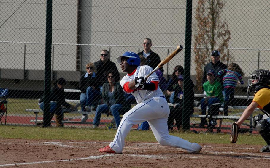 Ramstein senior Caleb Guerrido watches the ball during Saturday baseball action against the Warriors from Wiesbaden. Ramstein swept a pair of games Saturday to start off the season 2-0.