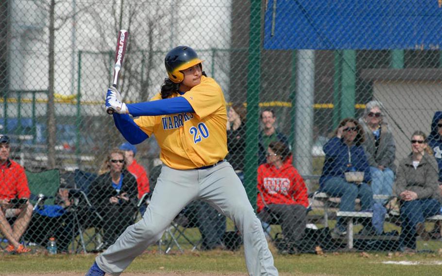 Wiesbaden sophomore Justin Jones prepares to swing at the ball Saturday against Ramstein. Jones and his teammates lost a pair of games to the Royals.