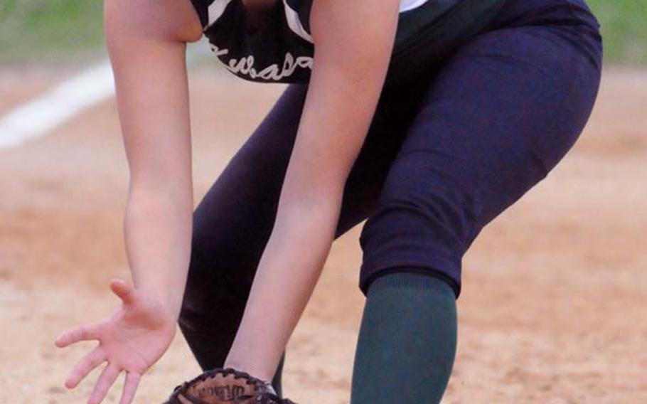 Kubasaki Dragons junior third baseman Jackie Santoyo fields a ground ball during Thursday'ss 9-7 win over Kadena, which snapped a 23-game, four-season losing streak to the Panthers.