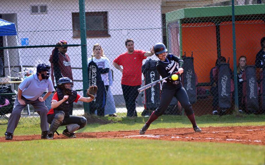 Taylor Hall of Vilseck connects with a pitch Saturday during a doubleheader matchup with the visiting Lady Razorbacks of Schweinfurt. Vilseck captured its first two wins of the season 8-3 and 23-1.