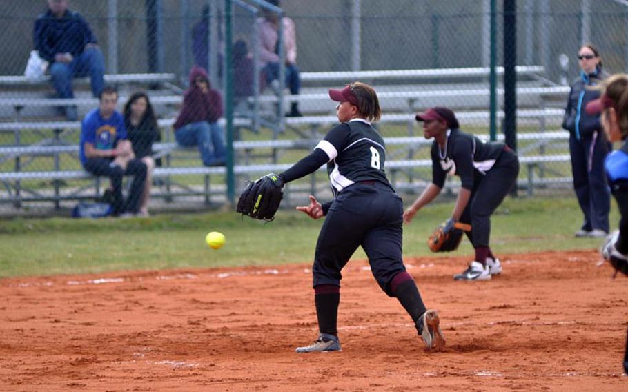 Deraj McClinton of Vilseck delivers a pitch during the second game of a doubleheader Saturday against the visiting Lady Razorbacks of Schweinfurt. Vilseck captured its first two wins of the season 8-3 and 23-1.