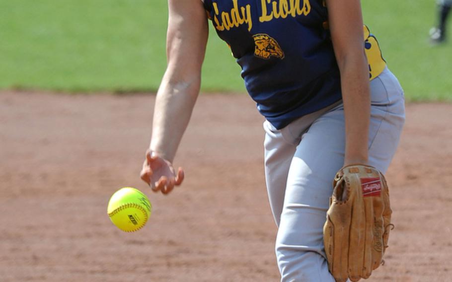 Heidelberg's Kayla Weber was the winning pitcher in the second game of a doubleheader against Ansbach, Saturday. The Lady Lions won the  game 22-1 after winning the first game 10-9.