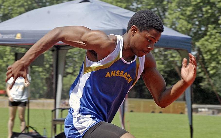 Ansbach's Derrick Flake shows off his speed in the boys 400-meter dash  during day two of  the 2011 DODDS-Europe Track and Field Championships in Russelsheim, Germany. Flake won with a time of 50.66 seconds, and will be returning for the Cougars this season.