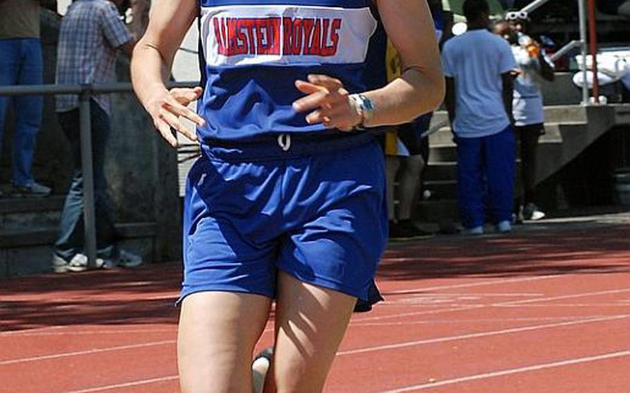 Ramstein's Jessica Kafer distances herself from the competition on her way to winning the girls 1,500 meter run at the 2011 DODDS-Europe Track and Field Championships. Kafer will be back to defend her title when the 2012 season gets under way this weekend.