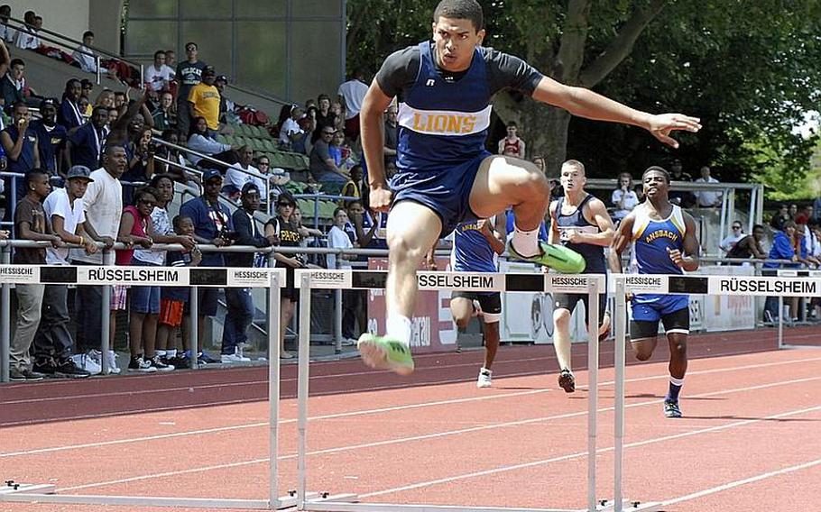Heidelberg's David Hoke heads to the finish line on his way to winning the boys 300-meter hurdles title at  the 2011 DODDS-Europe Track and Field Championships in Russelsheim, Germany. Hoke will be returning for the Lions when the 2012 season gets under way this weekend.