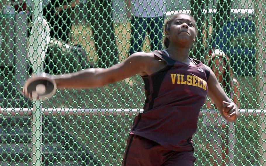 Vilseck's Mariah Morris gets ready to release the discus  during the 2011 DODDS-Europe Track and Field Championships in Russelsheim, Germany. Morris won the event and will be returning for the Falcons this season.