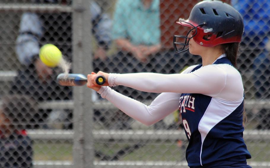 Lakenheath's Natasha Butler connects during the second game of a doubleheader against Kaiserslautern. Visiting Lakenheath dropped both games to the home team Friday afternoon.