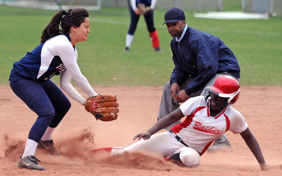 Kaiserslautern's Deyza Mason slides in to second before Lakenheath shortstop Mariya Rivera can put on the tag. Kaiserslautern swept a home doubleheader from the Lancers on Friday afternoon.