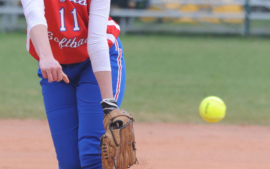 Ramstein's Kelsey Freeman pitched a no-hitter in the first game of a doubleheader against Lakenheath on Saturday. Ramstein won 15-0.