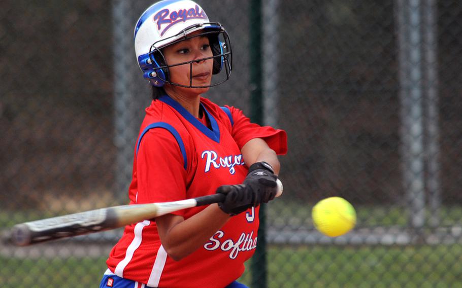 Ramstein's Alexis Parker connects for a hit in the Royals' 15-0 win over visiting Lakenheath on Saturday.