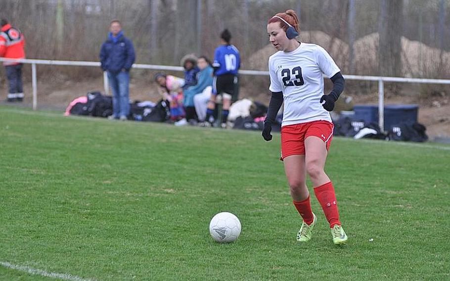 Trish Peace-Valverde of Schweinfurt takes the ball into the penalty area Saturday in the Lady Razorbacks' 5-1 win over the visiting Lady Tigers. Peace-Valverde had a goal and two assists in the win.