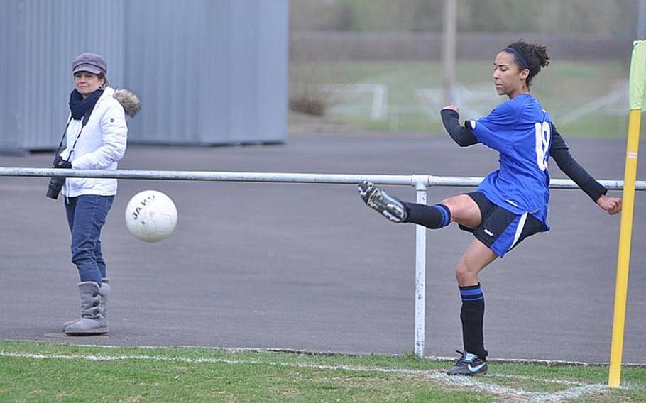 Kiana Glenn of Hohenfels takes a corner kick Saturday in Schweinfurt, Germany, in the Lady Razorbacks' 5-1 win over the visiting Lady Tigers of Hohenfels.