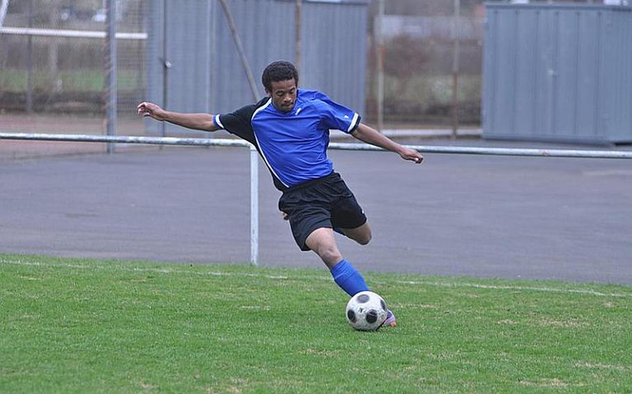 Devon Fluker of Hohenfels takes a shot Saturday during the Tigers' 2-1 win over host Schweinfurt. Fluker scored one of the two Tigers' goals in the game.