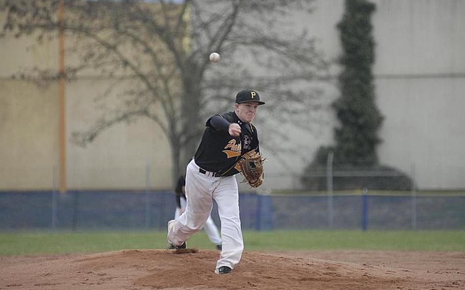 Patch's Dylan Measells ptiches during the opening game of a Saturday doubleheader at Heidelberg's Patrick Henry Village. Patch swept the doubleheader with scores of 5-4 and 7-4. Measells gave up 3 earned runs and struck out three.