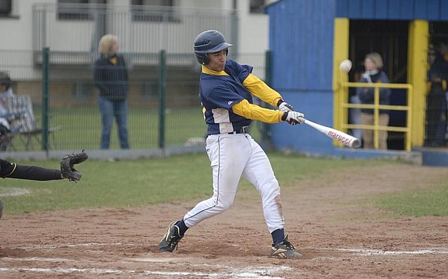 Heidelberg's Jimmy McBride makes contact with the ball during Saturday's doubleheader against the Patch Panthers on the Lions home field. The Panthers swept the twin bill by scores of 5-4 and 7-4.