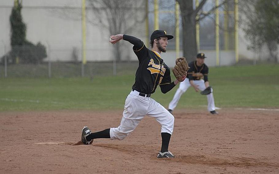 Patch's CJ Kellog pitched the night cap of a Saturday doubleheader against the Heidelberg Lions. The Panthers swept the matchups.