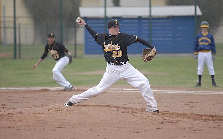 Patch's Dylan Measells throws towards home. The All-Europe pitcher helped his team stay perfect on the young season with a sweep of Heidelberg.